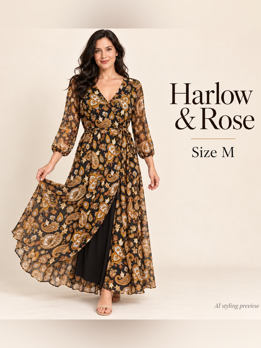 Harlow & Rose Paisley Sheer Sleeve Belted Maxi Dress Medium bohemian romantic